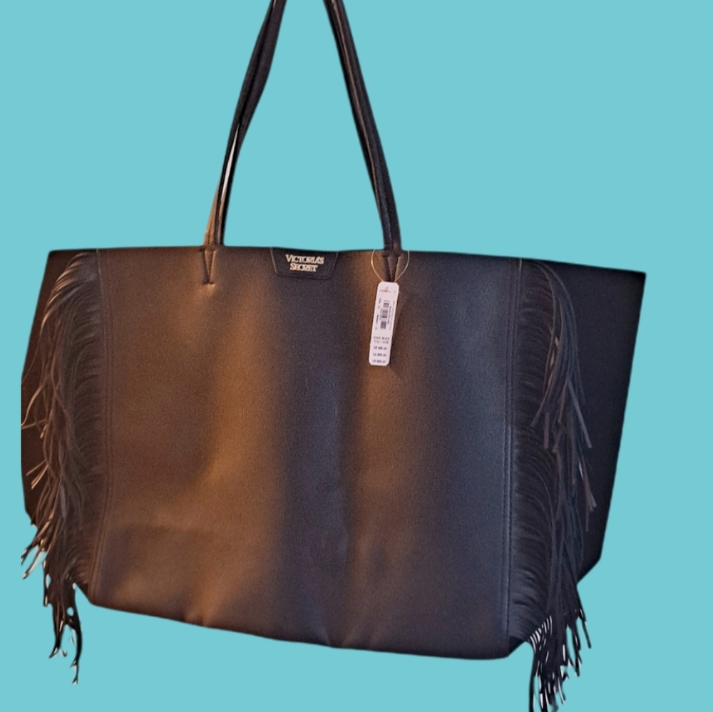 NWT Victoria Secret Black Fringe Tote Bag